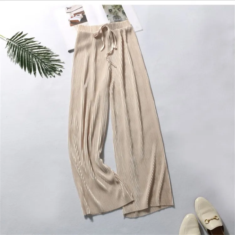 Factory wholesale high waist loose fit Solid Color Womens stretchy pleated Pants  Elastic Waist Women Trousers for summer