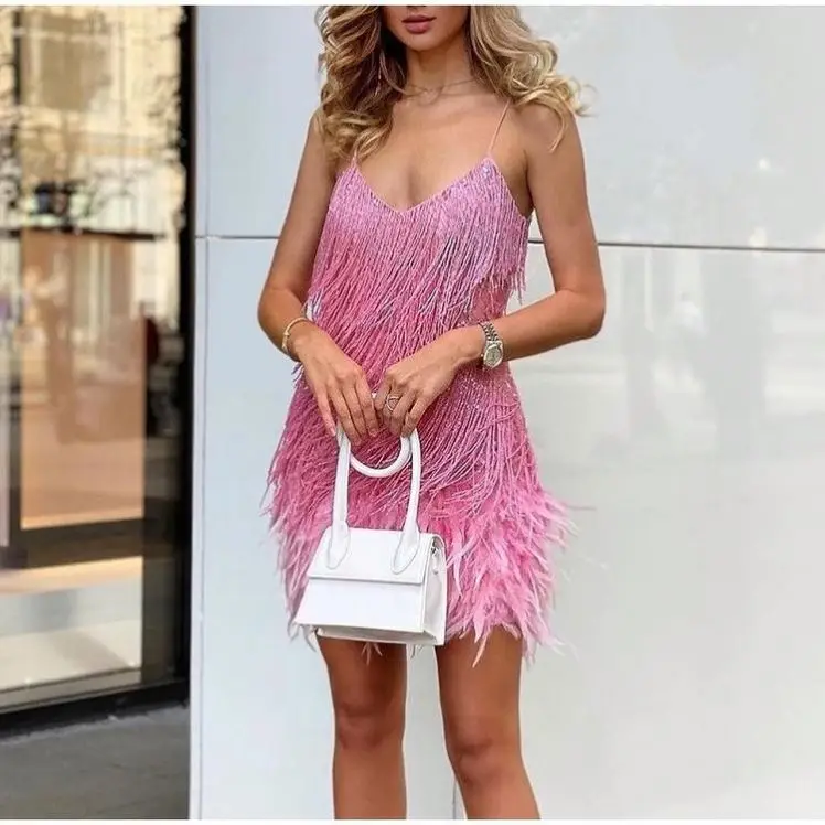 Backless Sleeveless  Female Bodycon Night Club Party Sequins Fringed Feather Vestidos Mini elegant sequence dresses for women