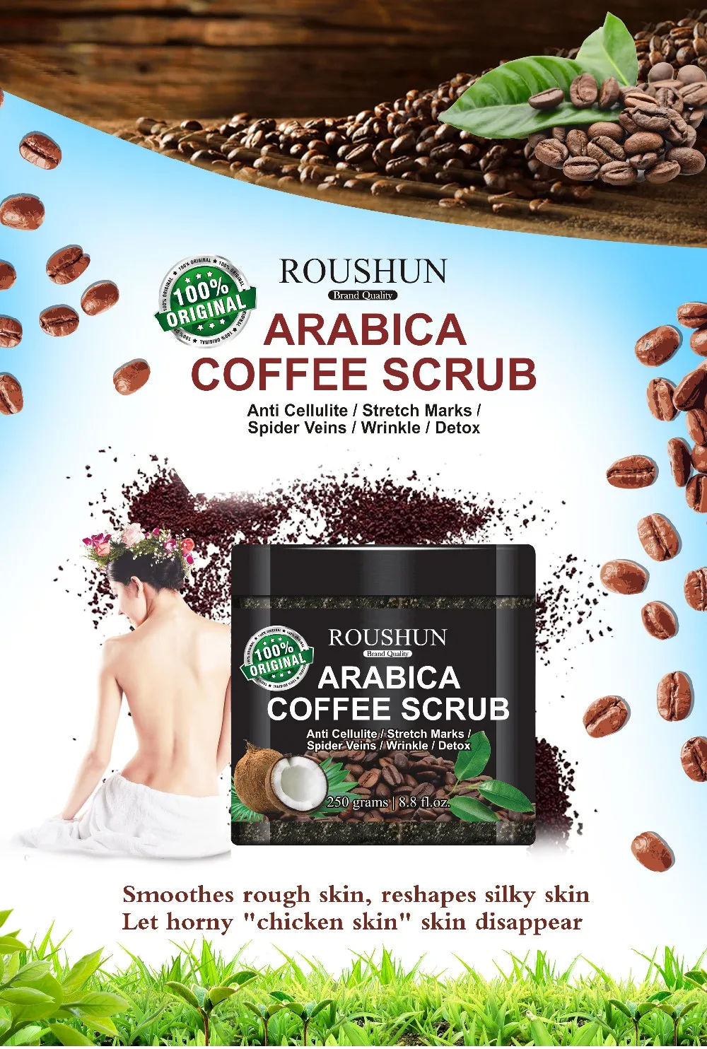 Roushun Body Scrub Arabica Coffee Scrub Whitening Anti Cellulite Stretch Marks Spider Veins Wrinkle/Detox