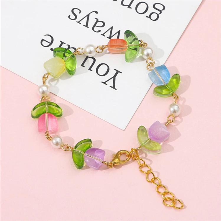 Jewelry components transparent multicolor tulip flower leaf glass beads  for jewelry making findings