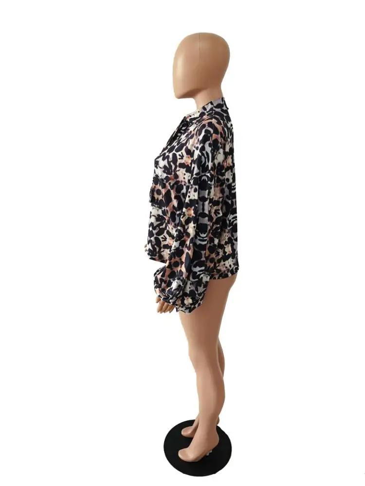 91023-MX66 Lantern sleeve bow tie design leopard print jackets women sexy