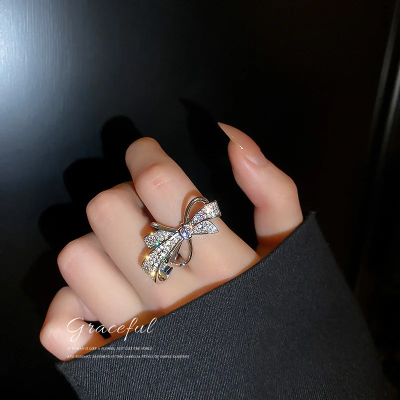 Japan and South Korea fashion set diamond bow opening ring 2021 new minimalist wind ring hand accessories