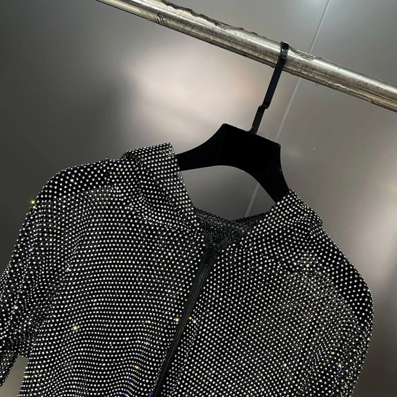 TWOTWINSTYLE Sheer Mesh Hooded Collar Spliced Diamonds Zipper Slimming Women Jacket 2023