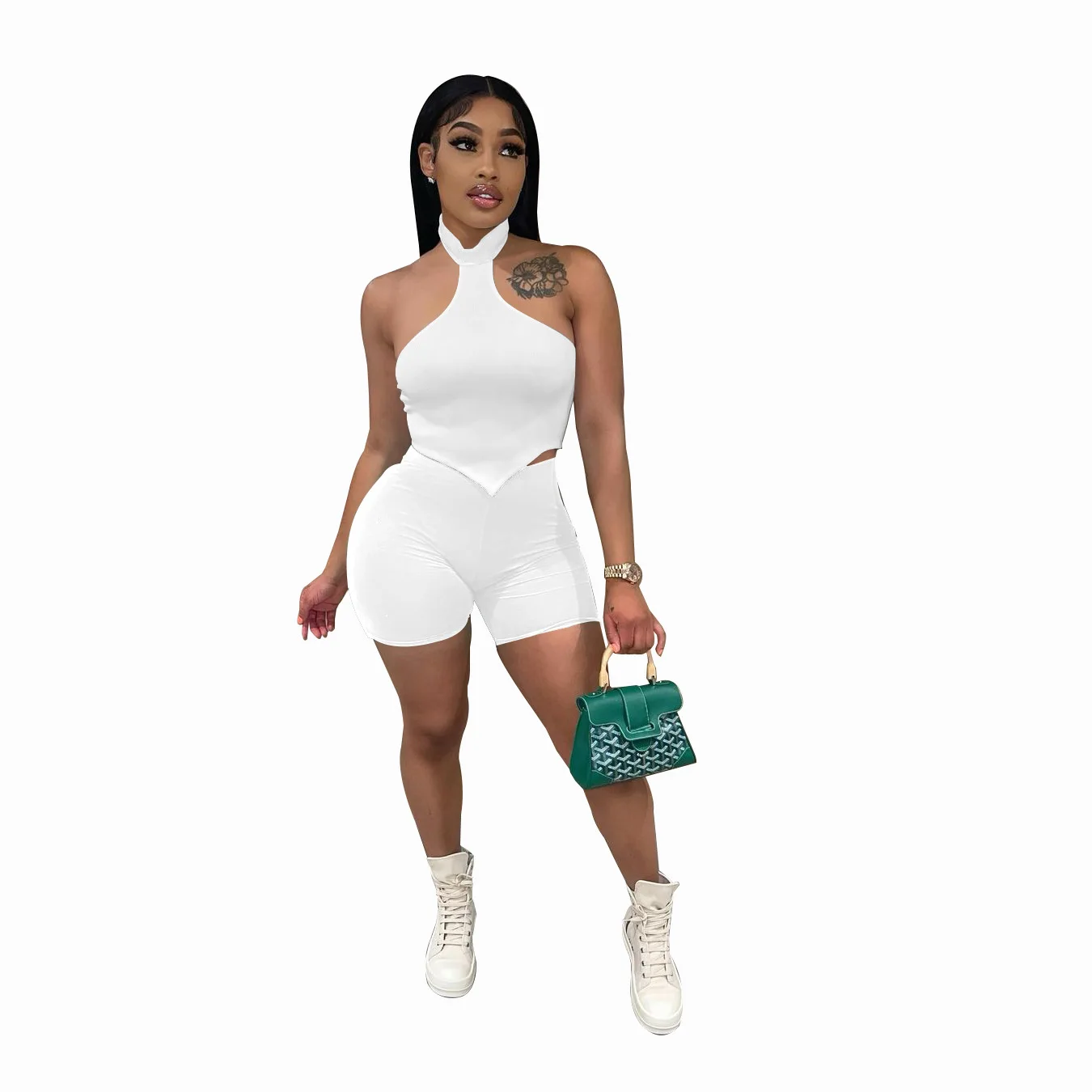 Solid Color Halter Backless Sleeveless Crop Top Biker Shorts Sets Summer Women Party Two Piece Short Set