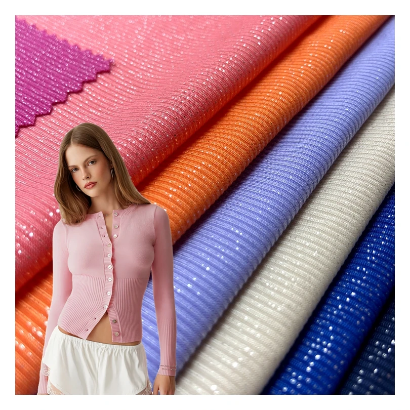 Shiny FDY 91% polyester 9% spandex ribbed 175GSM silver foil print 2*2 knit rib fabric for sweater