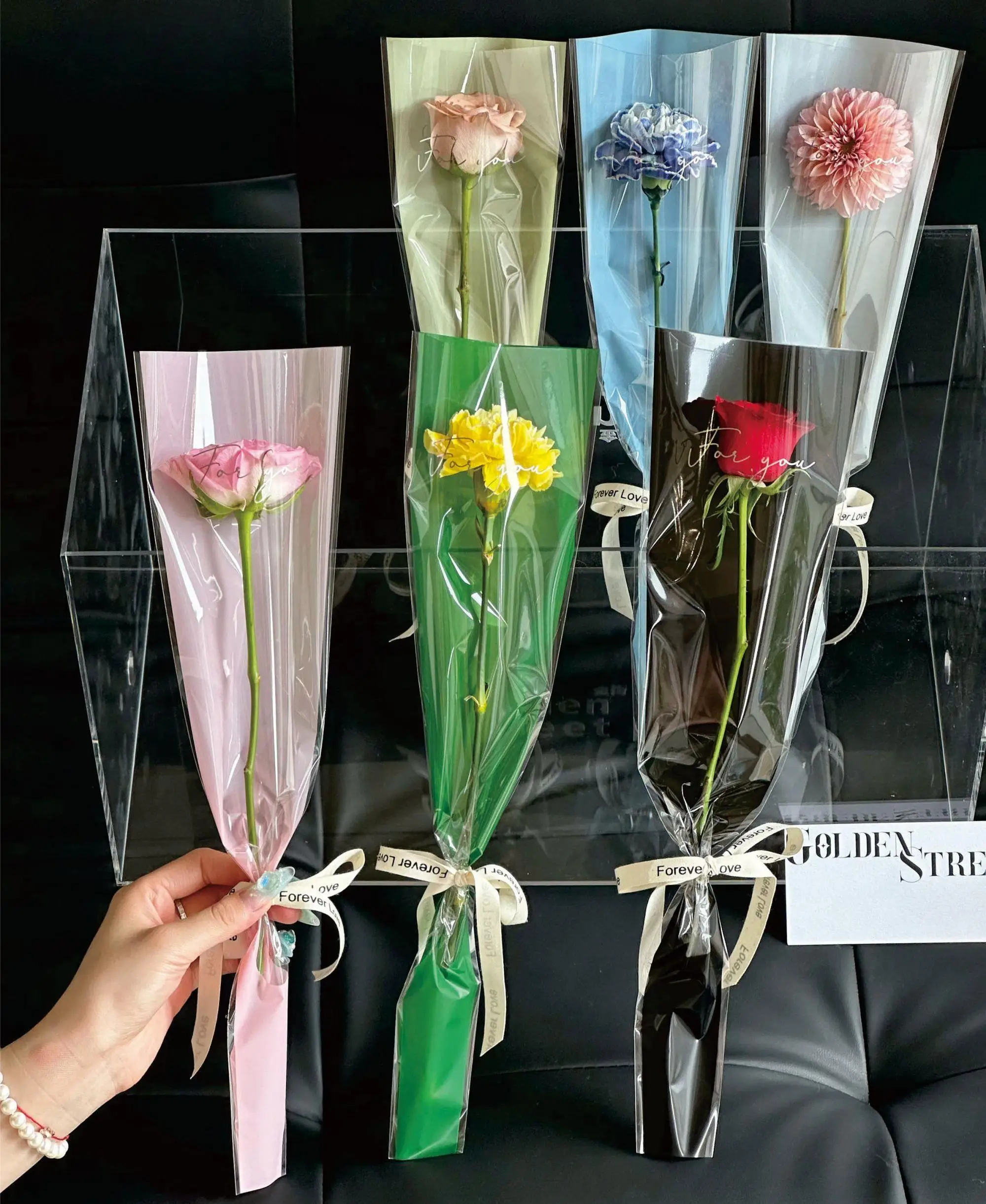 New Design 50pcs/lot for you letter printed single flower bag opp plastic flower wrapping bag for florist wrapping material