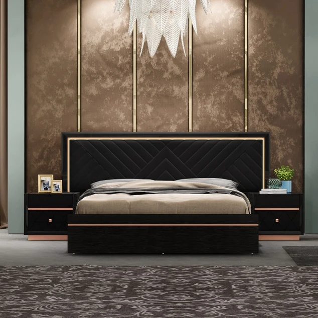 NOVA High Gloss Full Size Bed Led Light Headboard 5 Pieces Bedroom Suite Ensembles De Chambre A Coucher King Bed With Storage