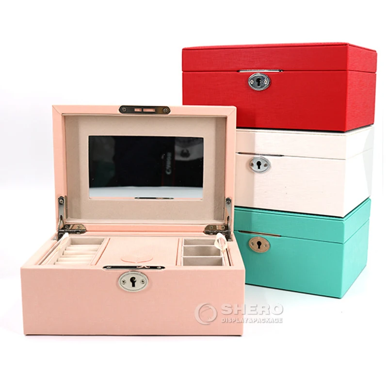 Pu Leather High Capacity Jewelry Storage Case With Mirror 3 Layers Flannel Jewelry Travel Box Big For Women Girls