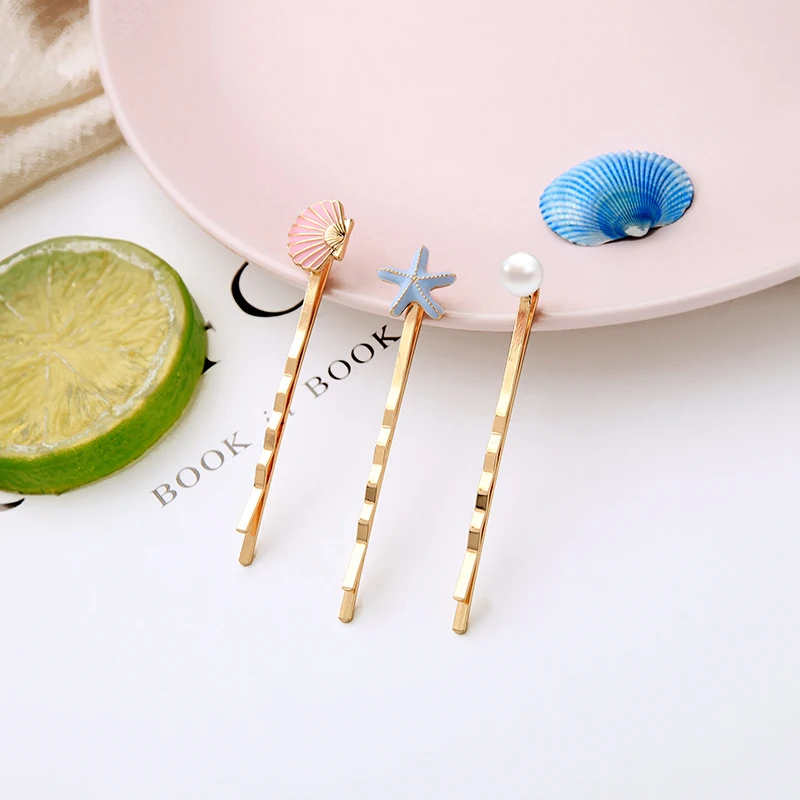 t04340 3 Pcs/Set Vacation Jewelry Gold Plated Pearl Shell Starfish Pink Blue Enamel Girls Korean Hair Pins Accessories