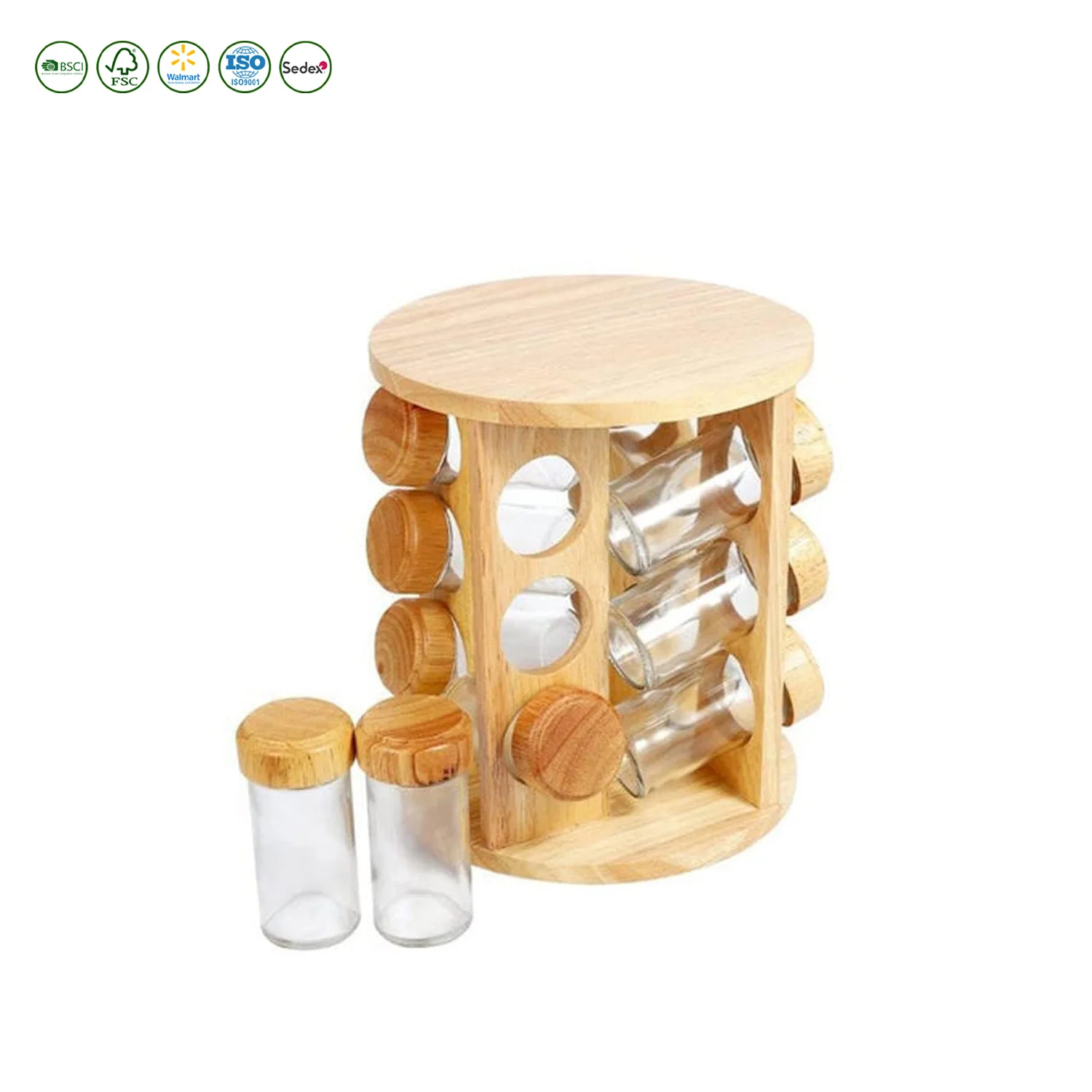Spice Jar Rack Revolving Rotating Countertop Glass Canister Spice Container Wooden Spice Organizer