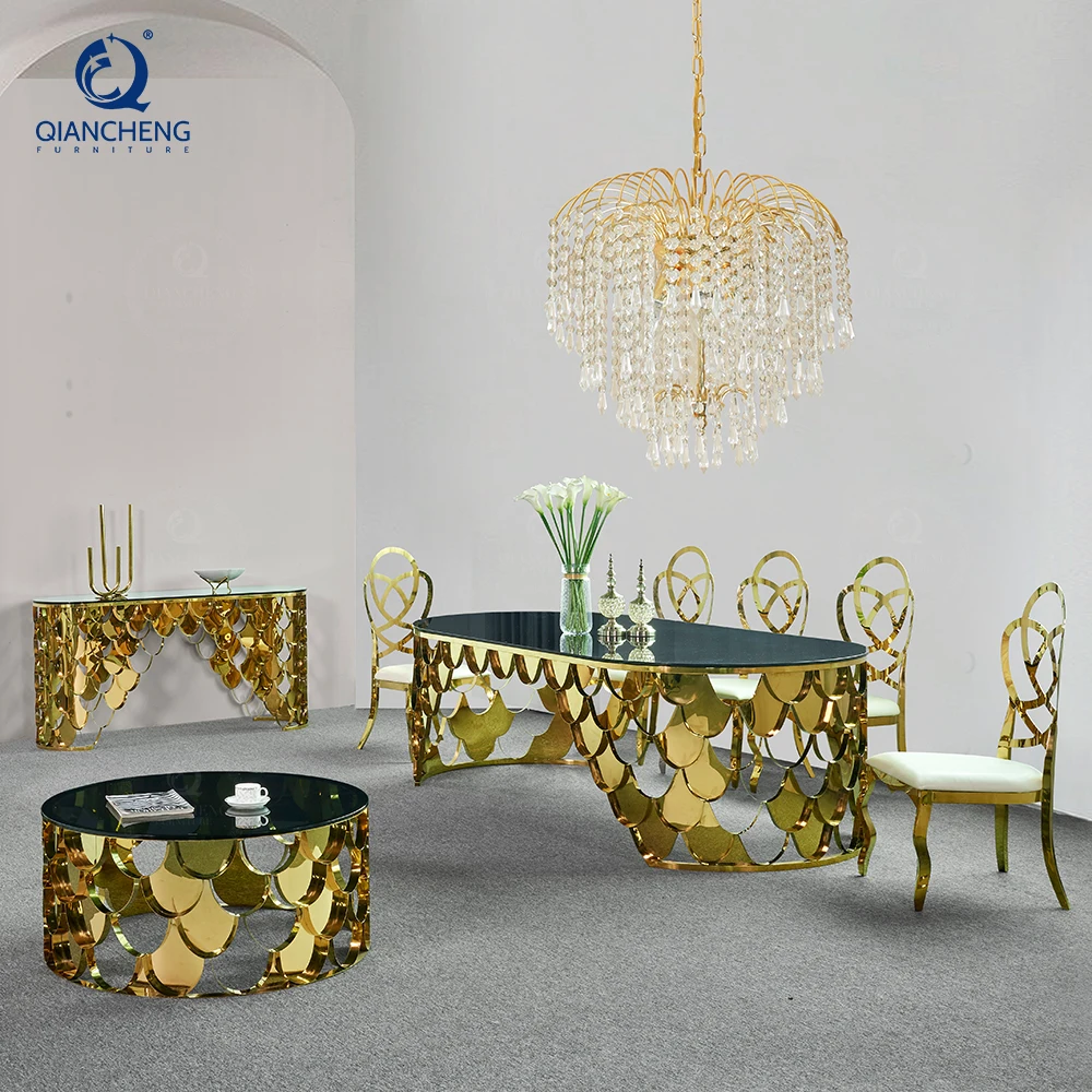 Современный резной стол с рамой из нержавеющей стали золотого цвета