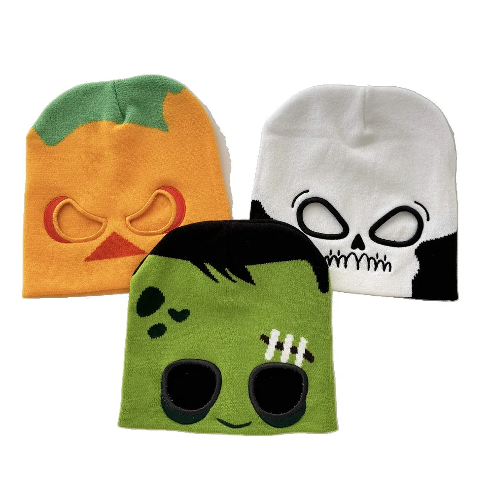 Wholesale Halloween personality funny eye-baring knitted jacquard thread hat thermal pullover hip hop all-in-one Halloween hat