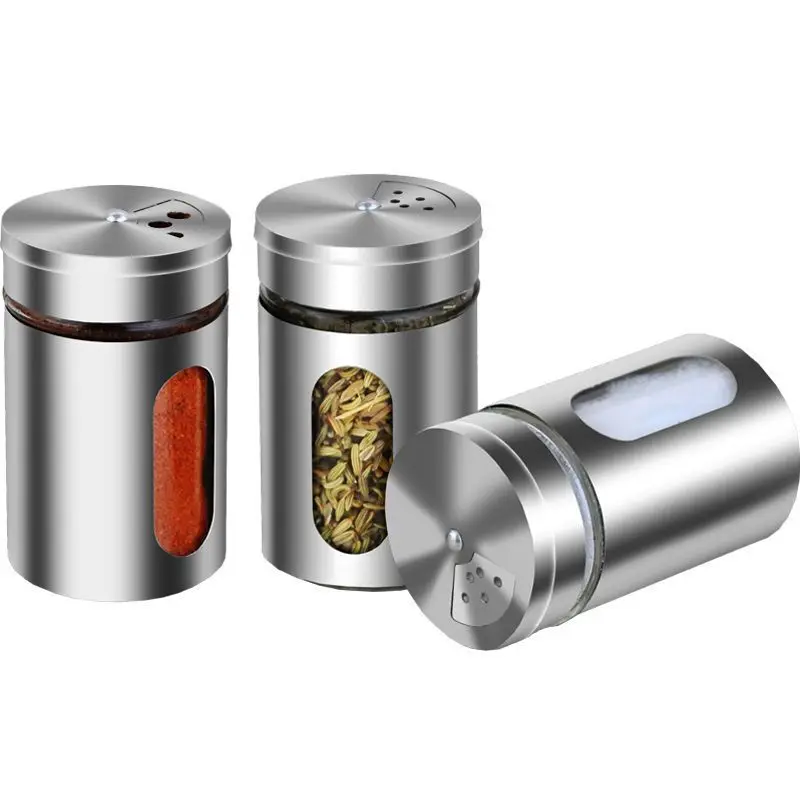 F2-108 Durable 304 Stainless steel Glass Condiment bottle container tool, Seasoning Bottle Jar Container Organizer for Salt