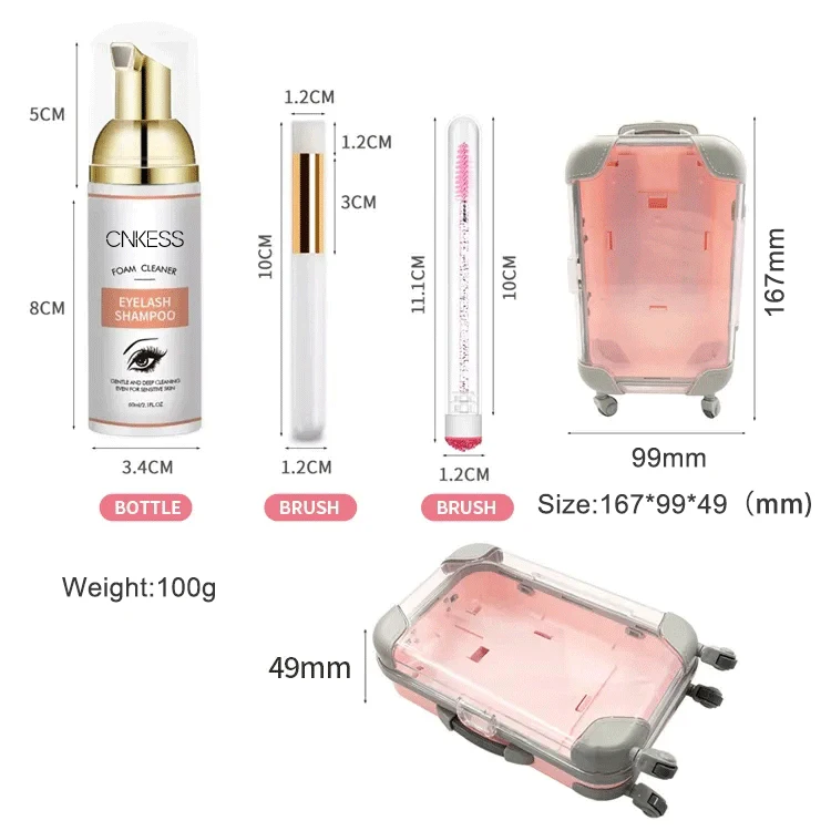 Cnklash 60ml Soap Foaming Pink Mascara Wands Long Synthetic Lash and Brushes Luggage Kit for Eyelash Extension and Beauty