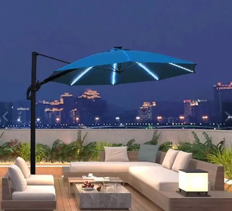 Uplion Cantilever Solar Patio Umbrella with Outdoor LED Lights, Crank, and Cross Base, Fancy Parasols