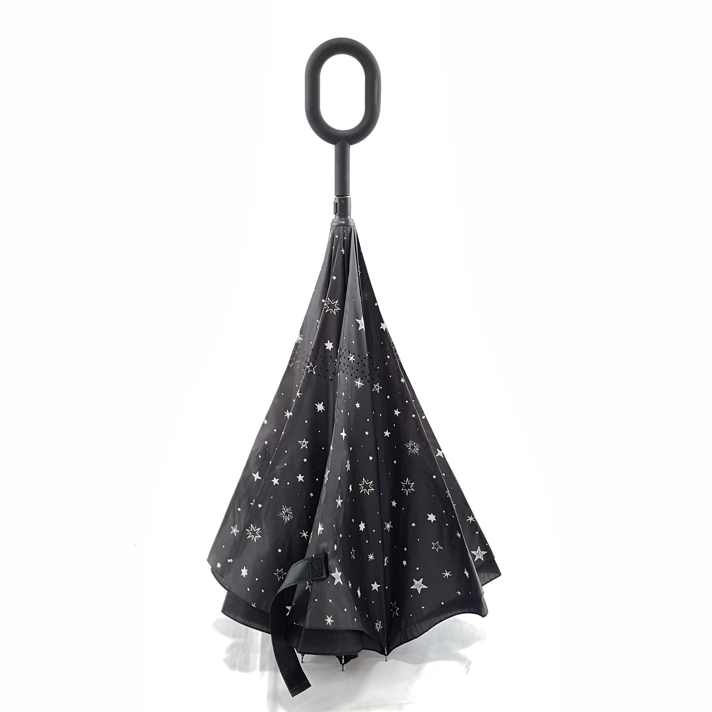 Изготовление на заказ Печать логотипа Двойная Ткань с защитой от ветра от 0 до форма ручка вверх ногами перевернутый обратный Зонт от дождя для продажи