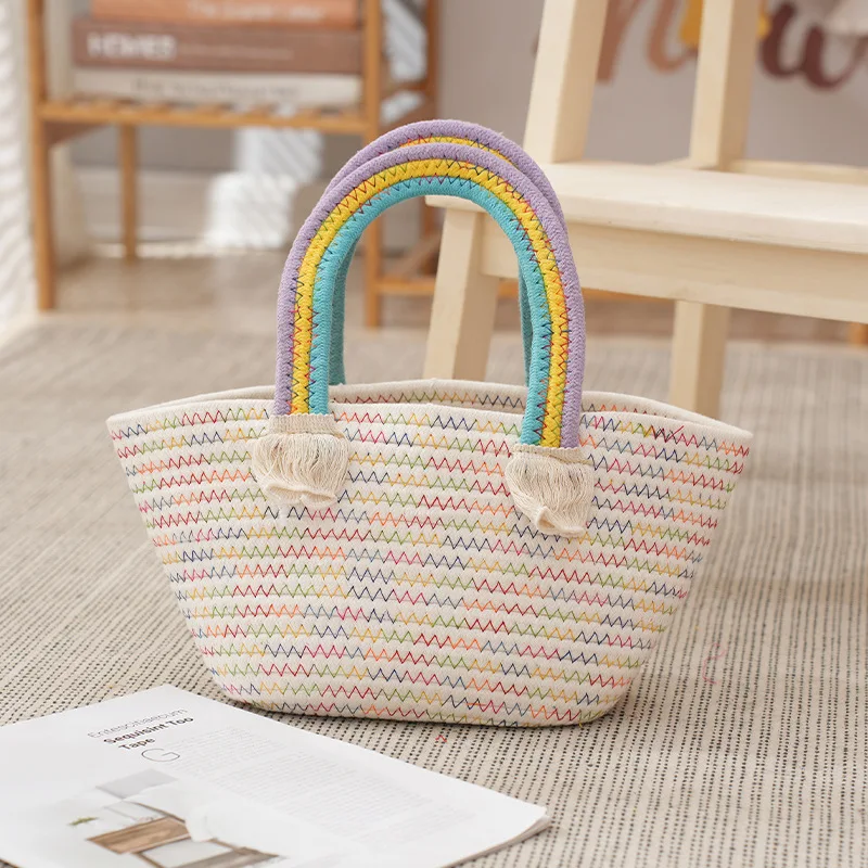 Adorable practical small cotton rope basket bag with a rainbow handle Perfect for your essentials Handcrafted with love Colorful