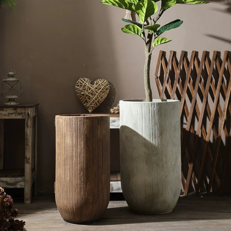 Wholesale home garden decoration big plant pots floor decor stripe fiberglass flower pots