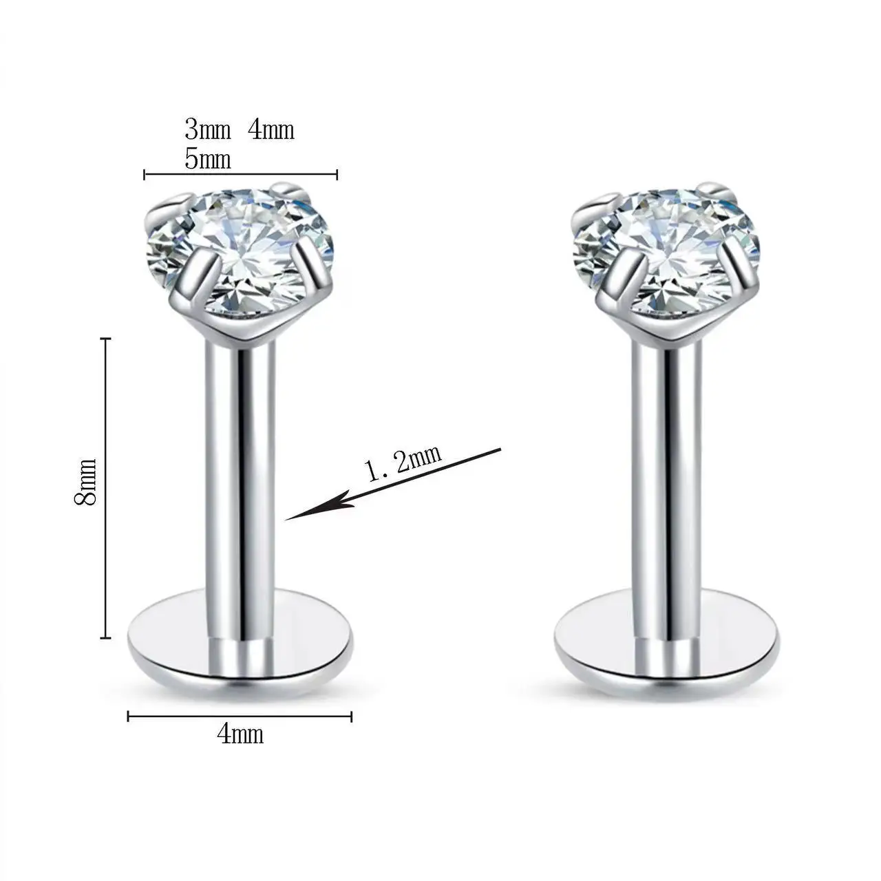 Inner Teeth Earrings Ear Bone Nails Titanium Alloy Inset Diamond Four Claws Zircon Flat Bottom Lip Nails G23 Wear Harsh Jewelry