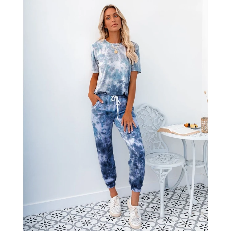 
XUYA Sleepwear Pyjamas Cotton Printed Fabric Lounge Wear Women Two Piece Pajama Set 