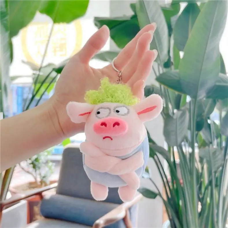 12cm Pig Plush Keychain Toy Mini Cute Cartoon Stuffed Animal Doll Bag charm Kids Gift Funny Kawaii Angry Green Hair Pig Keychain