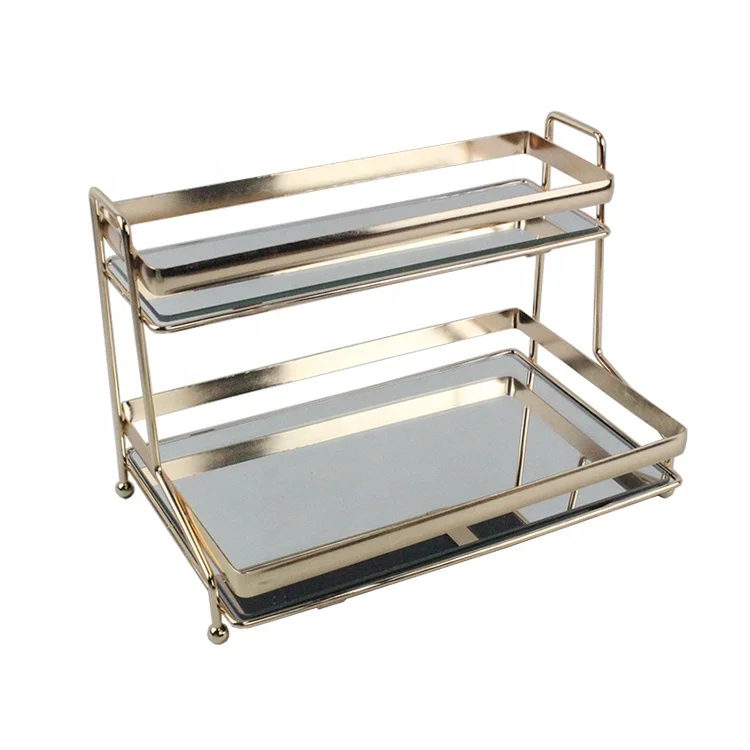 
ready to ship two layers vanity mirror serving tray luxury perfume cosmetic golden decorative mirror tray  (62519045452)