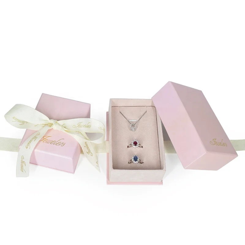 Guangzhou Manufacturer corrugated cardboard with ribbon pink cover one set jewelry packing gift box