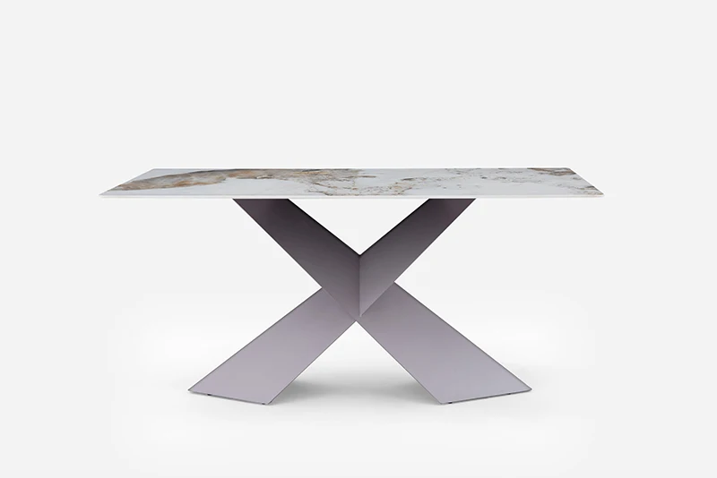 Modern X shape stainless steel base marble top new design dining table thin rock top six seat dinner room dining tables set