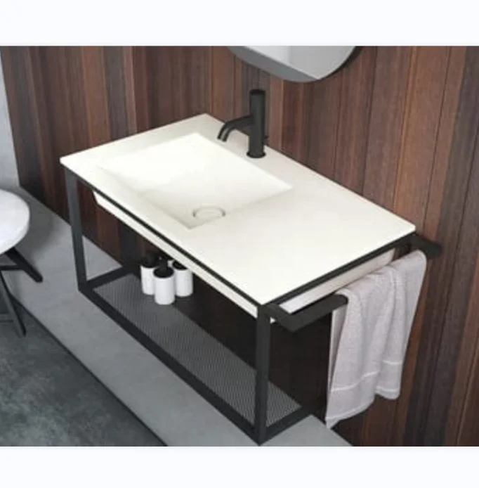 Lavabo e ripiano con struttura metallica nera Washbasin and shelf with black metal structure polished gold satin brass basin leg