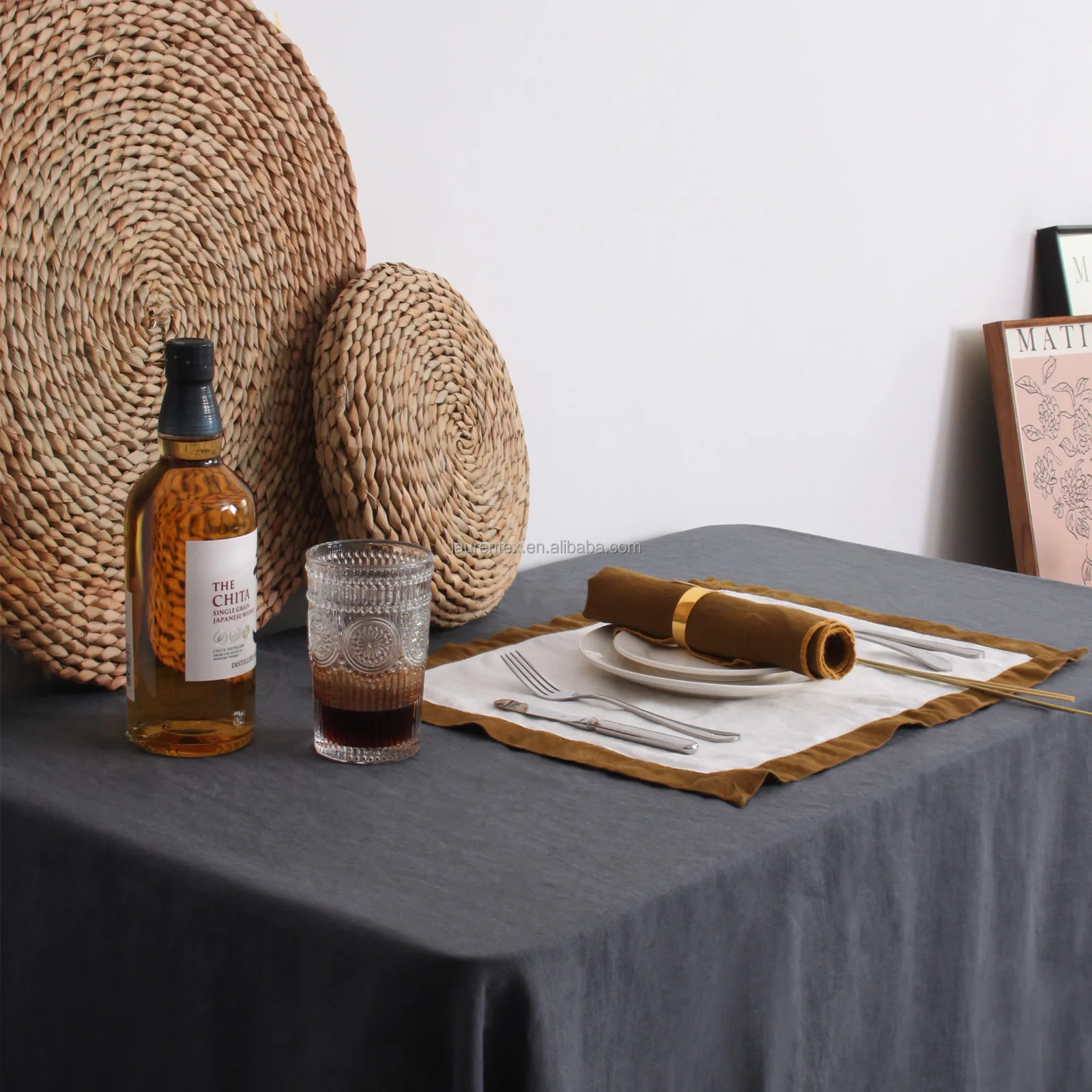 Linen table cloth Amazon hot seller Nordic country home rectangular round Flaxlinen hemstitch table cloth skirt Ladder Lace Trim