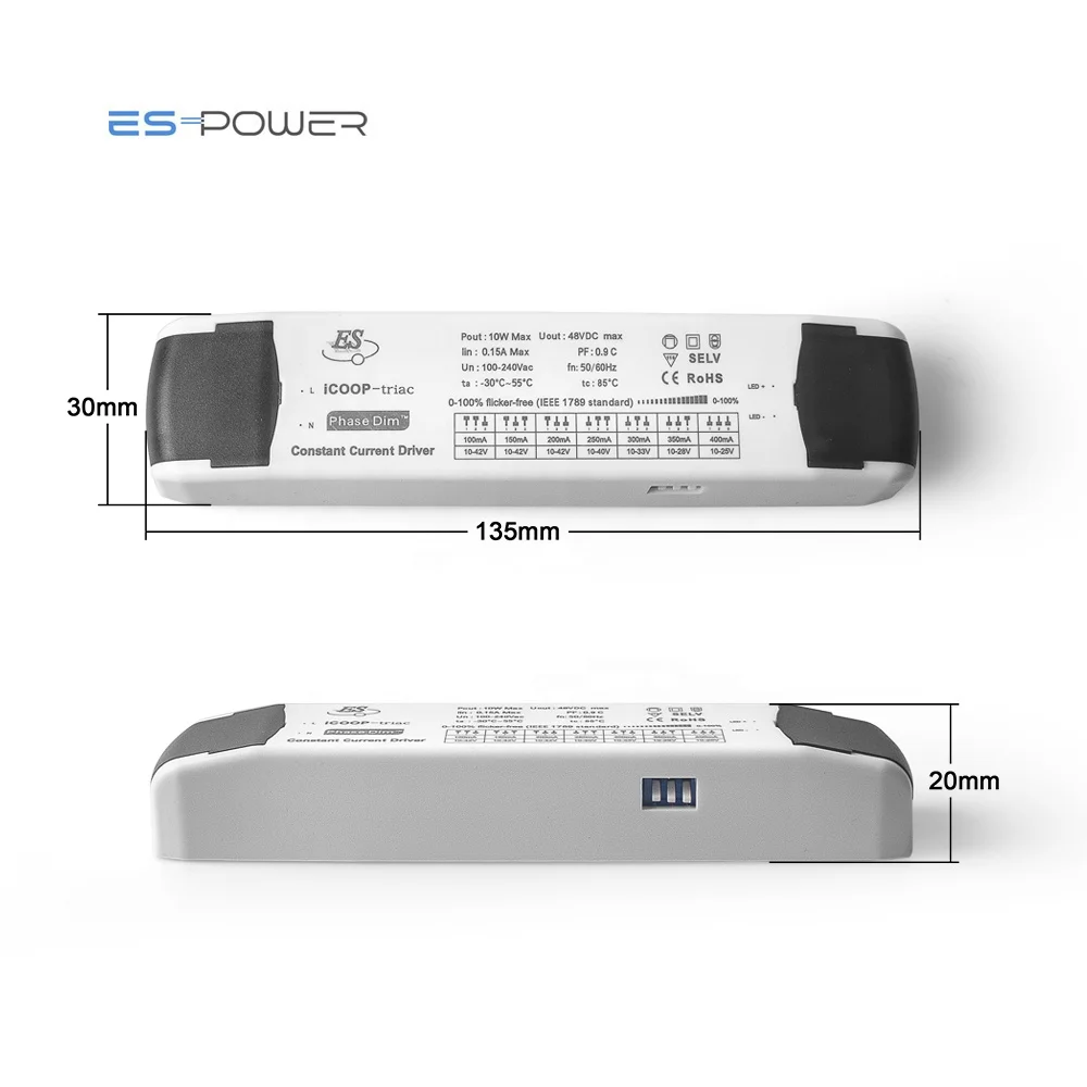 10W 10-48Vdc multiple output current 100mA 150mA 200mA 250mA 300mA 350mA 400mA Triac ELV Depth-dim adjustable LED driver