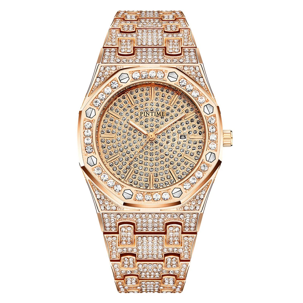 Big Gold Luxury Brand Diamond Mens Watches Top Brand Luxury Iced Out Male Quartz Watch Calendar Hip Hop Watch For Men