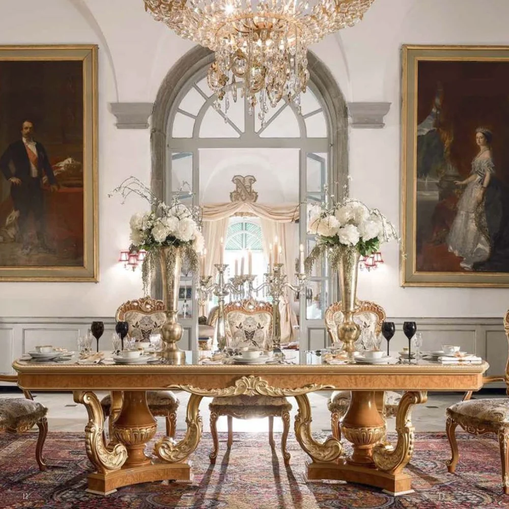 Russian Style Royal Dining Room Furniture Classic Solid Wood Dining Chairs With Carved Dining Table Set