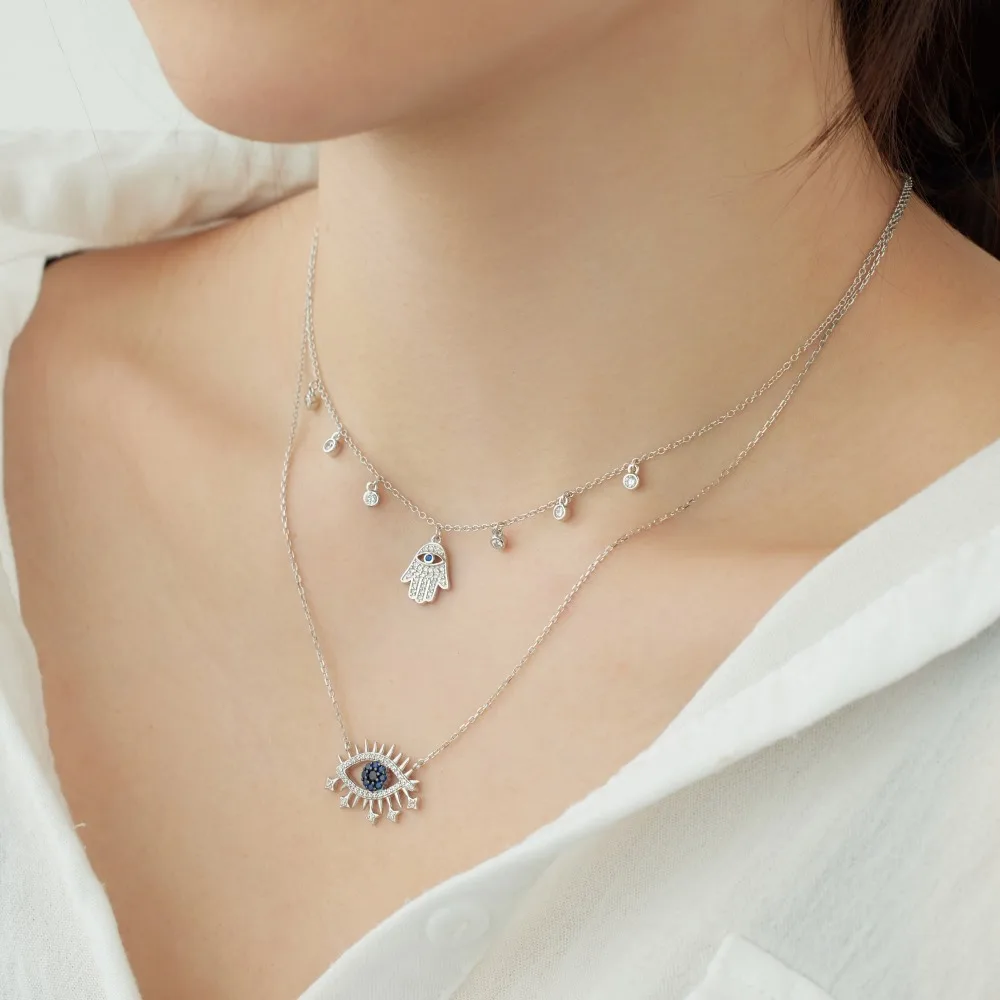 Dylam Belief Protection Symbol Fine Fashion Jewelry Solid S925 Silver Link Chain Evil 5A Zirconia Blue Eyes Pendant Necklace