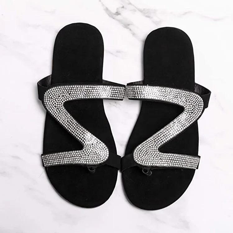 
Summer Casual Soft Black Glitter Women Bling Diamond Shoes Rhinestone Slides Slip on Women Flat Sandals  (1600102157607)