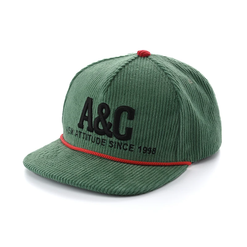 BSCI OEM Custom Logo 5 Panel Rope Snapback Cap Flat Bill Unstructured Gorras Fitted Men Blank Plain Corduroy Hats with Rope