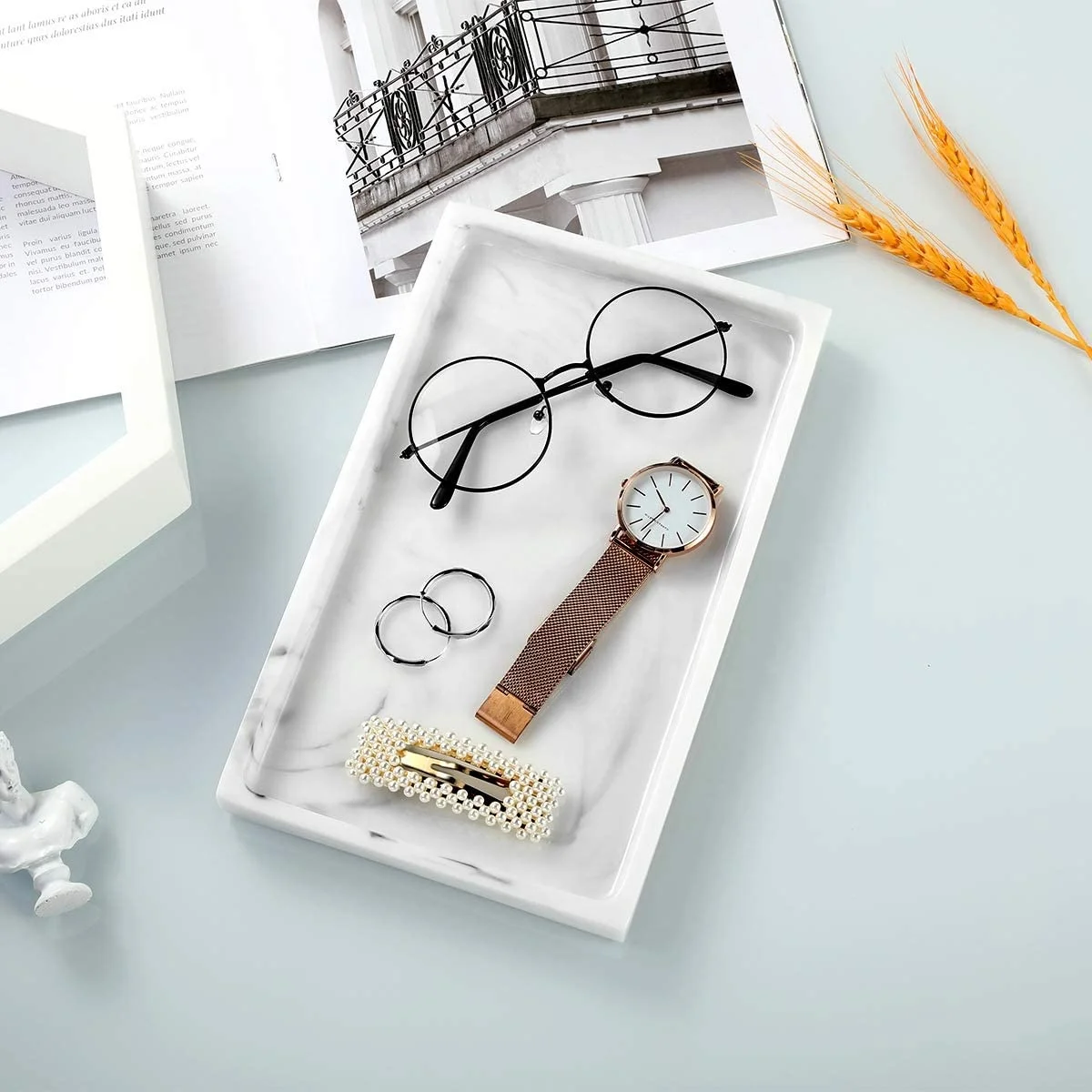 Custom Design Resin Decorative Tray Marble White Dresser Perfume Countertop Organizer Jewelry Dish Holder Resin Tray Vanity Tray