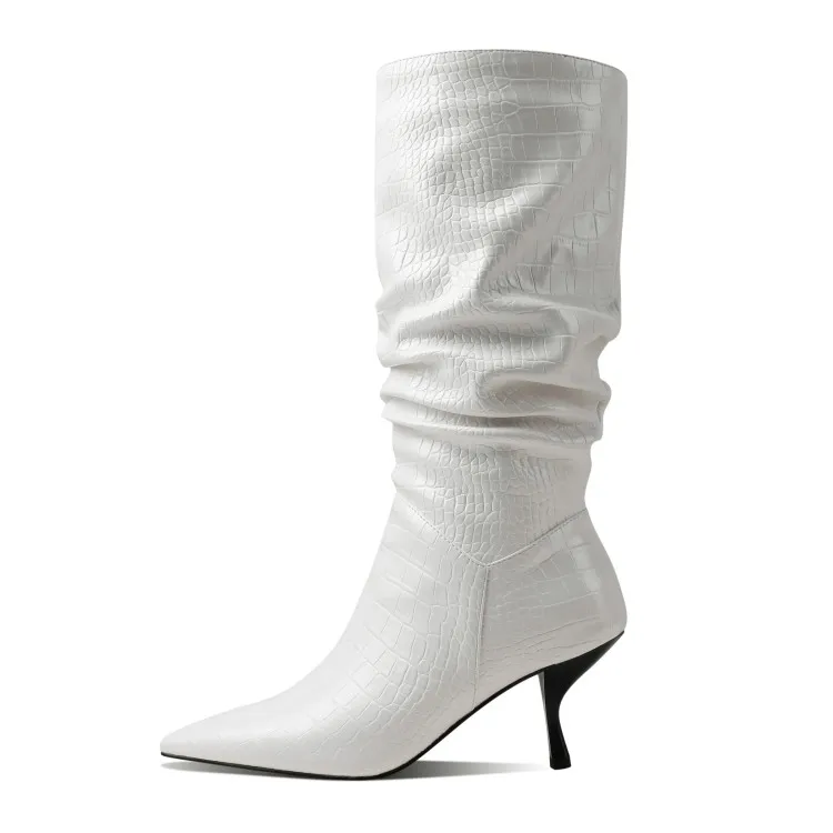 Hoslasen shoe factory white crocodile leather elastic half boots unique heel for shoes 2022 new arrivals