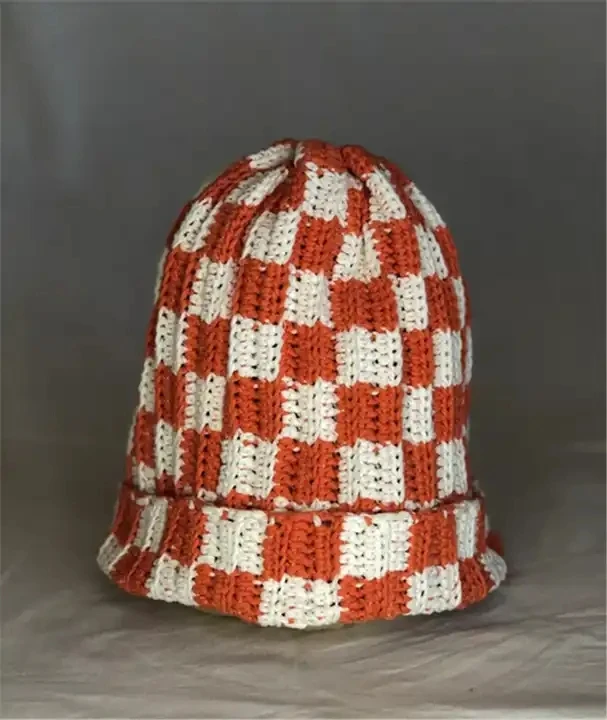 Fashion 2023 Winter Thick Crochet Knitted Cuffed Beanie Caps Handmade Checkered Beanie Hats for Women Men