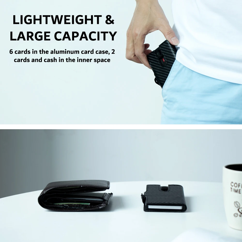 Casekey Custom Slim Carbon Fiber Wallet Middle Button Cartera Metal Credit Card Holder RFID Blocking Wallet with Zipper pocket