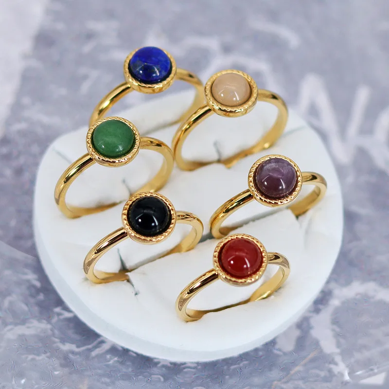 New Colorful Gemstone Band Ring Jewelry Stainless Steel 18k Gold Plated Natural Stone Ruby Pink Crystal Amethyst Black Onyx Ring
