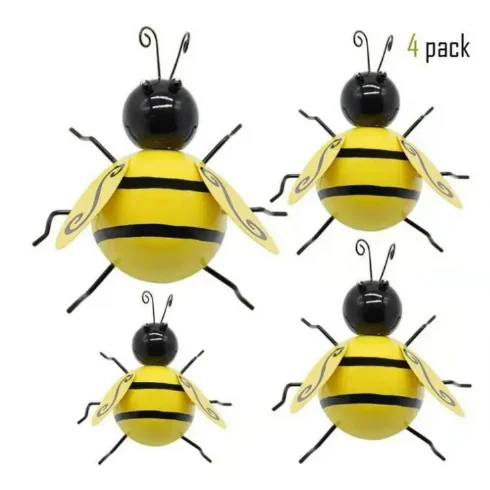 Decorative Metal Bumble Bee Garden Accents Lawn Ornaments Sculpture Outdoor Set of 4 Outdoor Garden Wall Sculptures