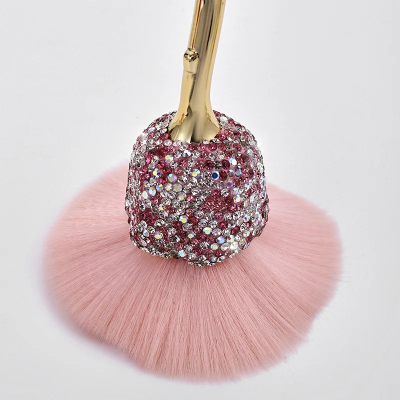 New Soft Rose Shape Remover Long Rhinestone Handle UV Gel Nail Dust Cleaner Brushes Makeup Brush Manicure Tool for Cleaning