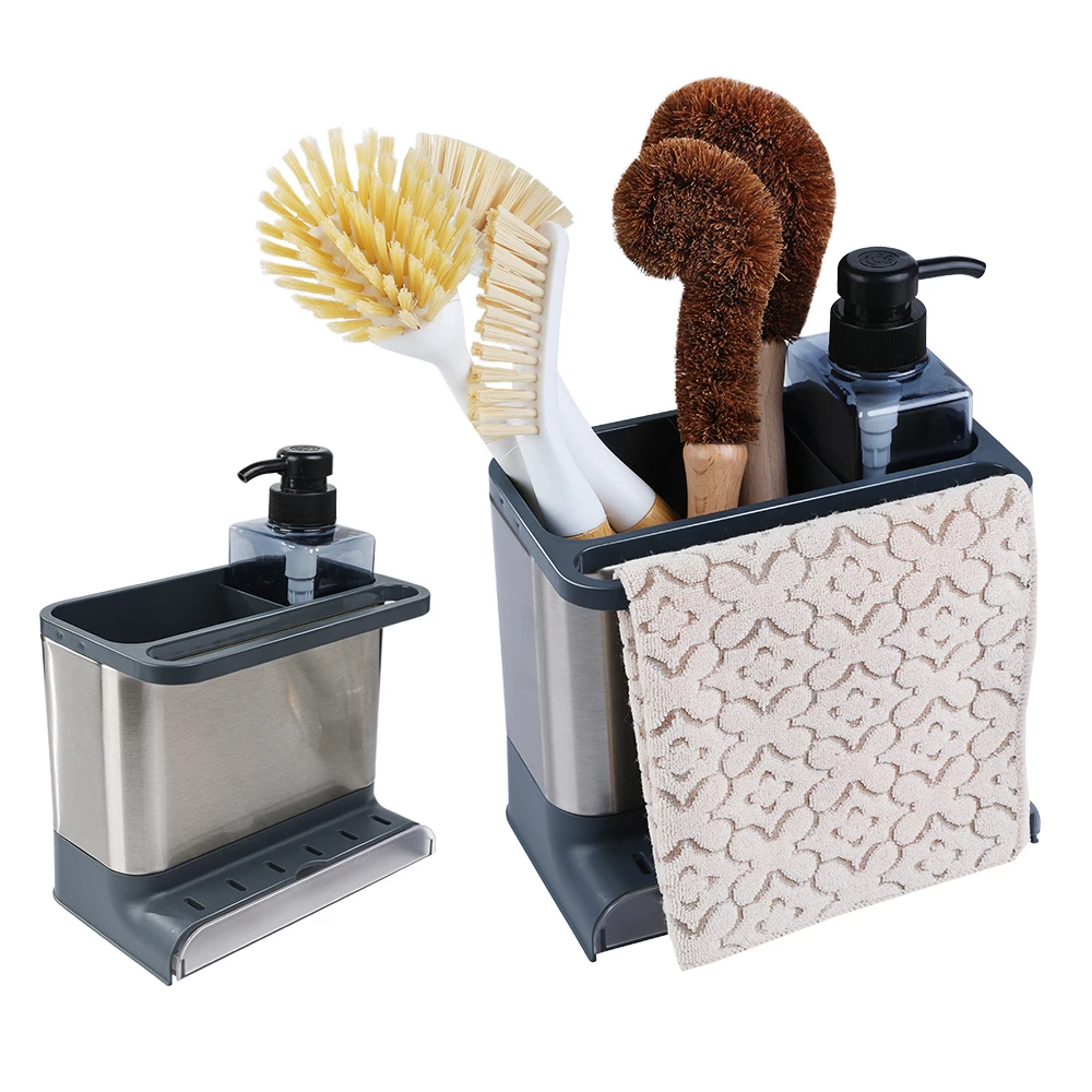 Masthome Kitchen Cleaning Tools Drying Stainless Steel Sink Caddy With Soap Dispenser Bottle Sponge Holder For Kitchen Sink
