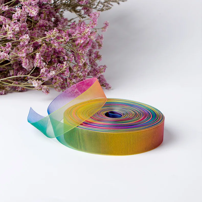 Rainbow ribbon 0.3-7.5cm thermal transfer colorful gradient transparent snow yarn ribbon