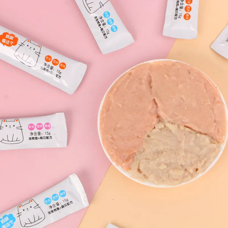 Pet Food Factory 15g Custom Pet Training Snack Bag High Quality Delicious Wet Cat Food Cat Snack Bar Wet Cat Strips Treats