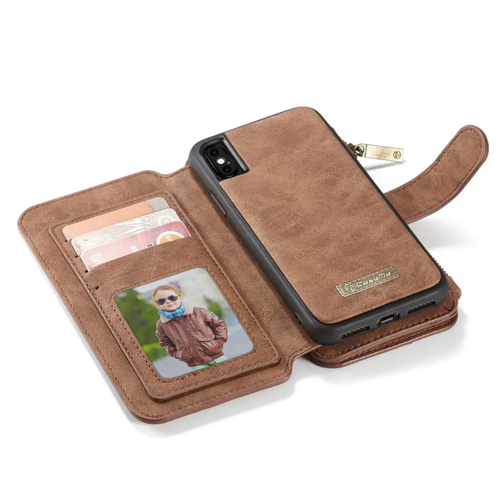 Multi-function zipper business leather case mobile phone Detachable case split flip card wallet for iphone Samsung