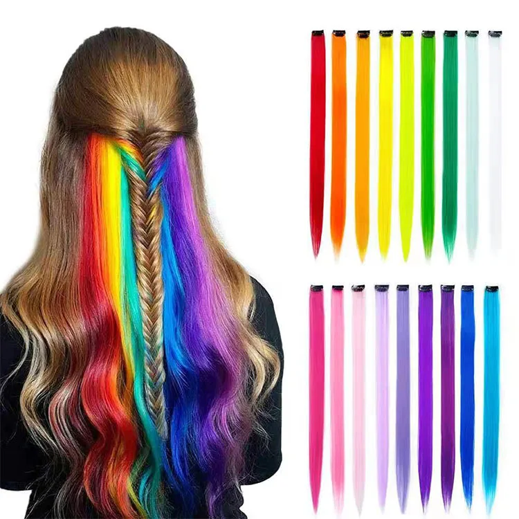 One Piece Clip In Hair Extension Synthetic Multi colors Party Highlights Colorful Silky Straight One Clip Hair Extension