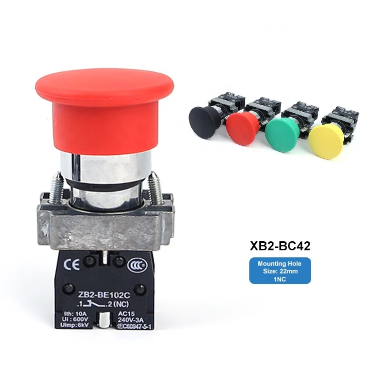 XB2-BC42 22mm 1NO Red Momentary Self-Resetting Spring Return Mushroom Emergency Mushroom Springs Return Push Button Switch