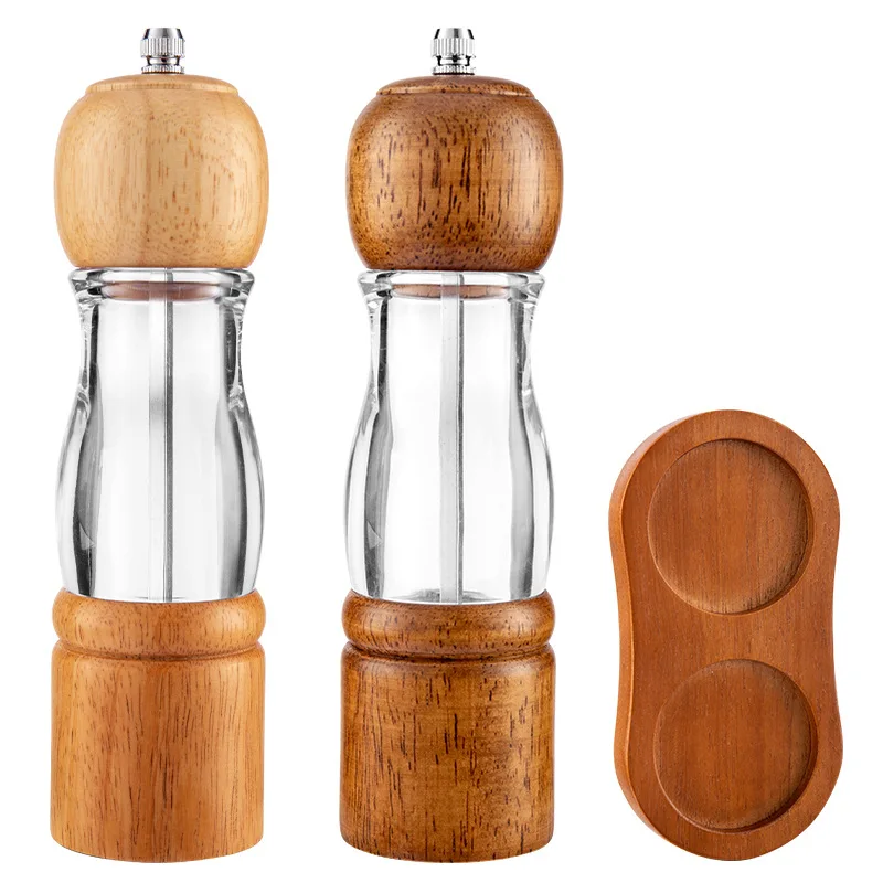 Home Camping Seasoning Bottle Wooden Salt Pepper Mill Grinder With Wooden Base set